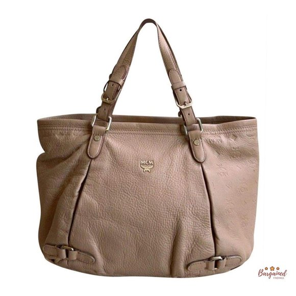 Authentic MCM Beige Pebbled Leather MCM Embossed Logo Medium Tote Handbag